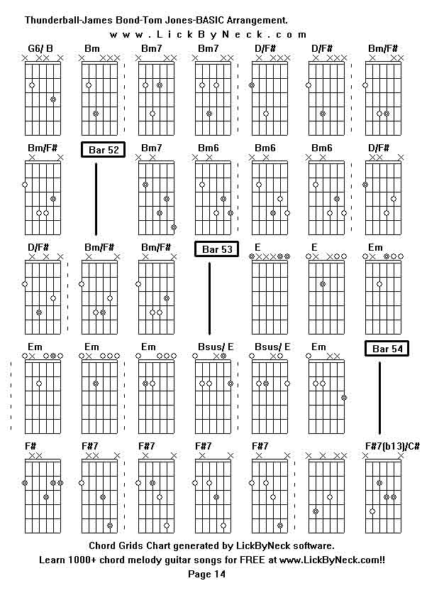 Chord Grids Chart of chord melody fingerstyle guitar song-Thunderball-James Bond-Tom Jones-BASIC Arrangement,generated by LickByNeck software.